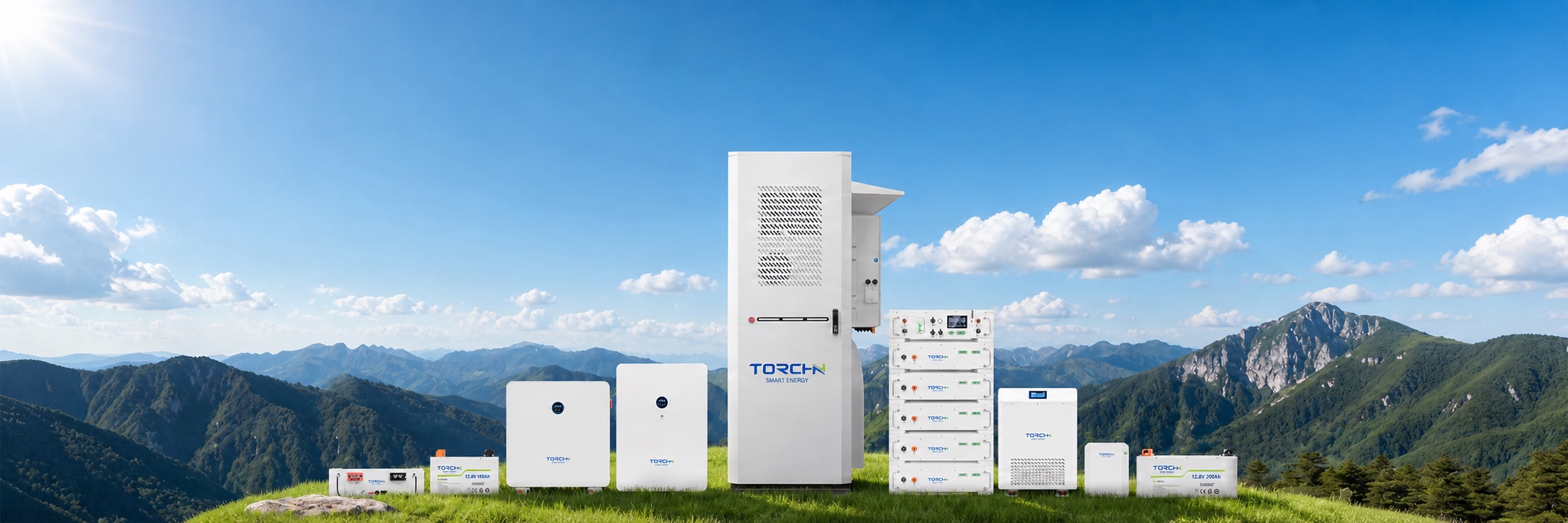TORCHN solar energy storage product lineup with mountain scenery